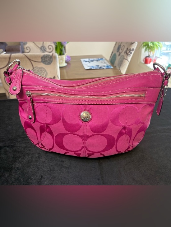 Coach Handbags - Coach Rare Laura Signature Canvas Leather Should Bag Vibrant Pink